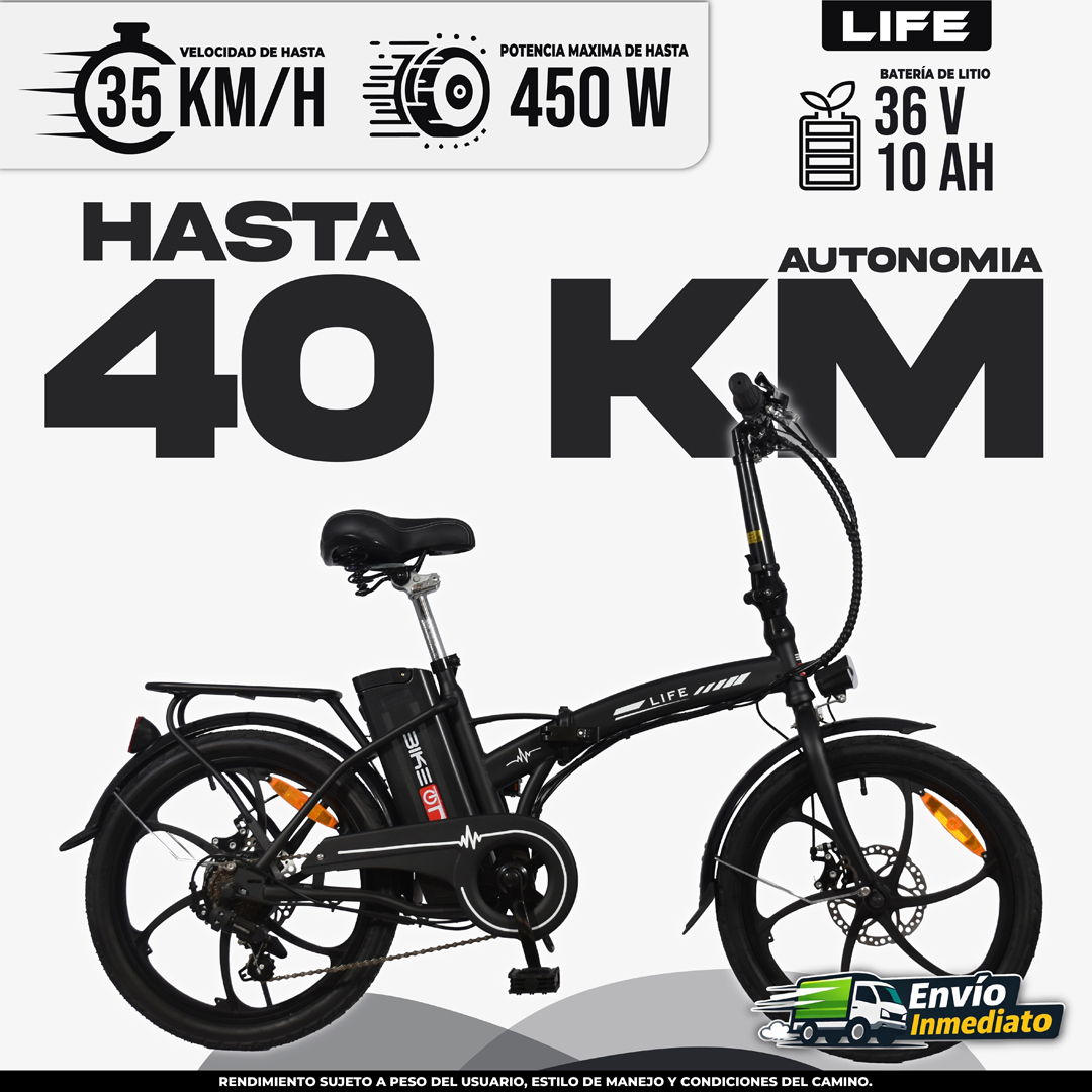 Bicicleta eléctrica plegable LIFE 36V 10Ah autonomía 40km velocidad 35km/h