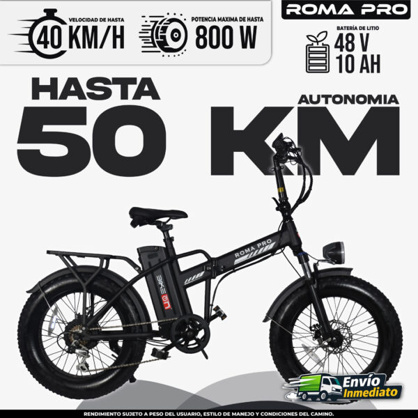 Bicicleta eléctrica Roma Pro plegable, 50 km autonomía, 800W potencia, batería 48V 10AH