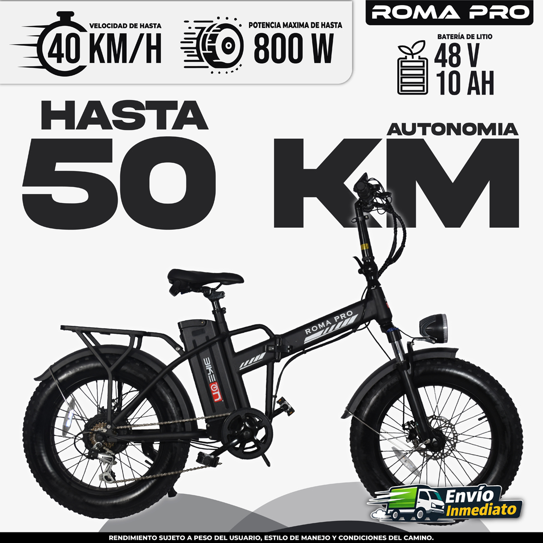 Bicicleta eléctrica Roma Pro plegable, 50 km autonomía, 800W potencia, batería 48V 10AH