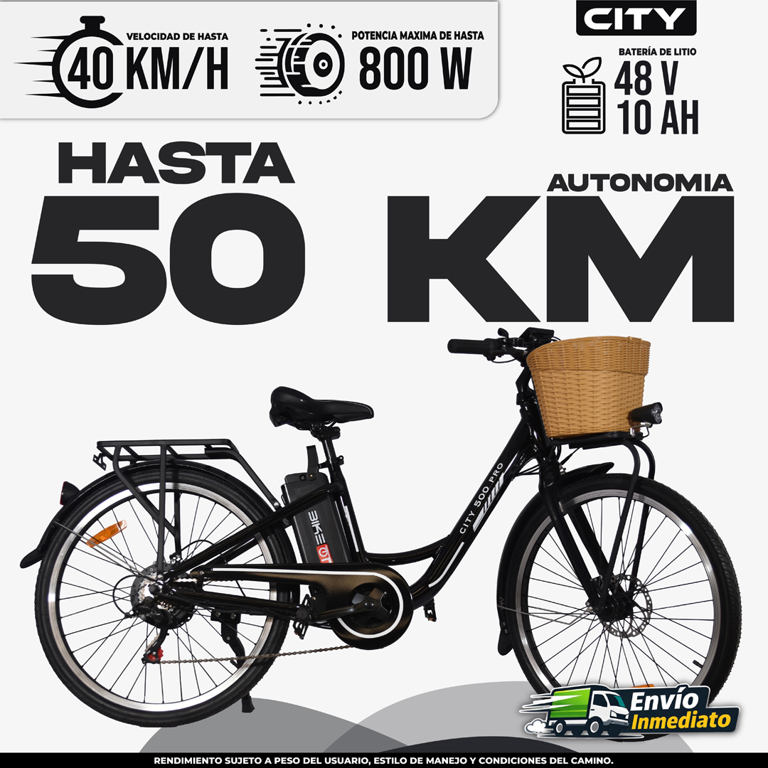 Bicicleta eléctrica City 48V 10AH con autonomía de 50km, velocidad máxima 40km/h y potencia 800W