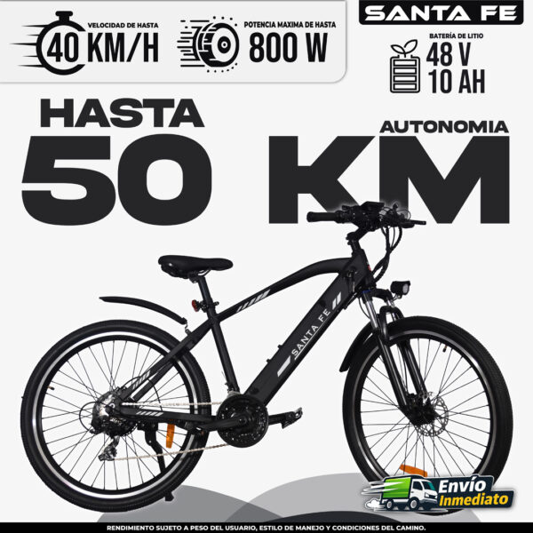 Bicicleta eléctrica Santa Fe 48V 10Ah, autonomía 50km, velocidad 40km/h, potencia 800W
