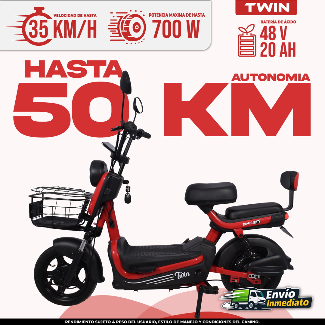 Bicimoto eléctrica Twin roja 50km autonomía 700W batería 48V