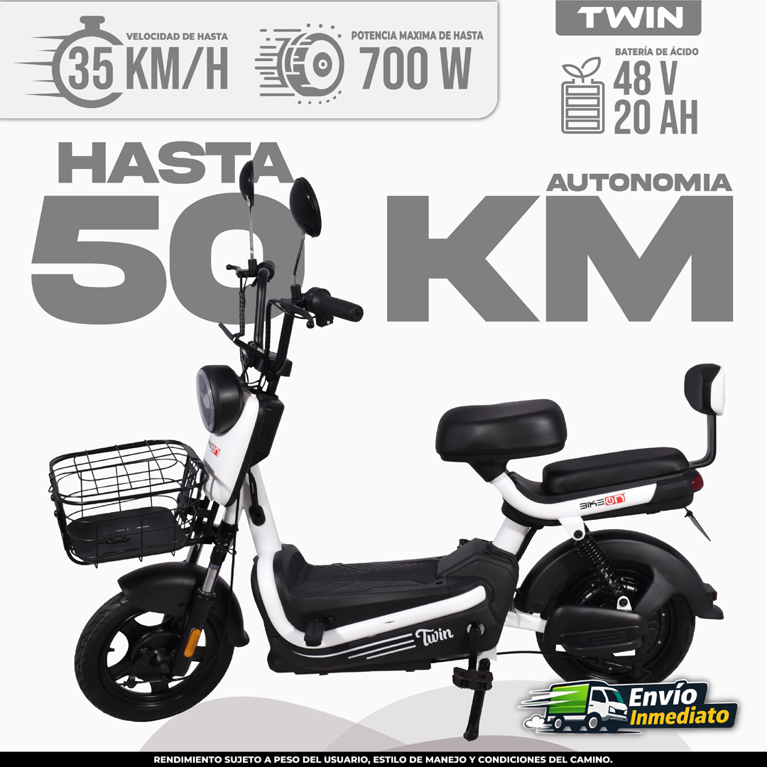 Bicimoto eléctrica Twin 50km autonomía 700W batería 48V scooter blanca con canasta