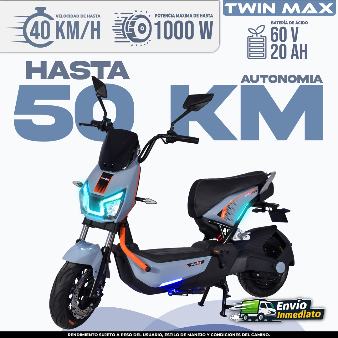 Bicimoto eléctrica Twin Max 50 km/h color turquesa y naranja con batería 60V