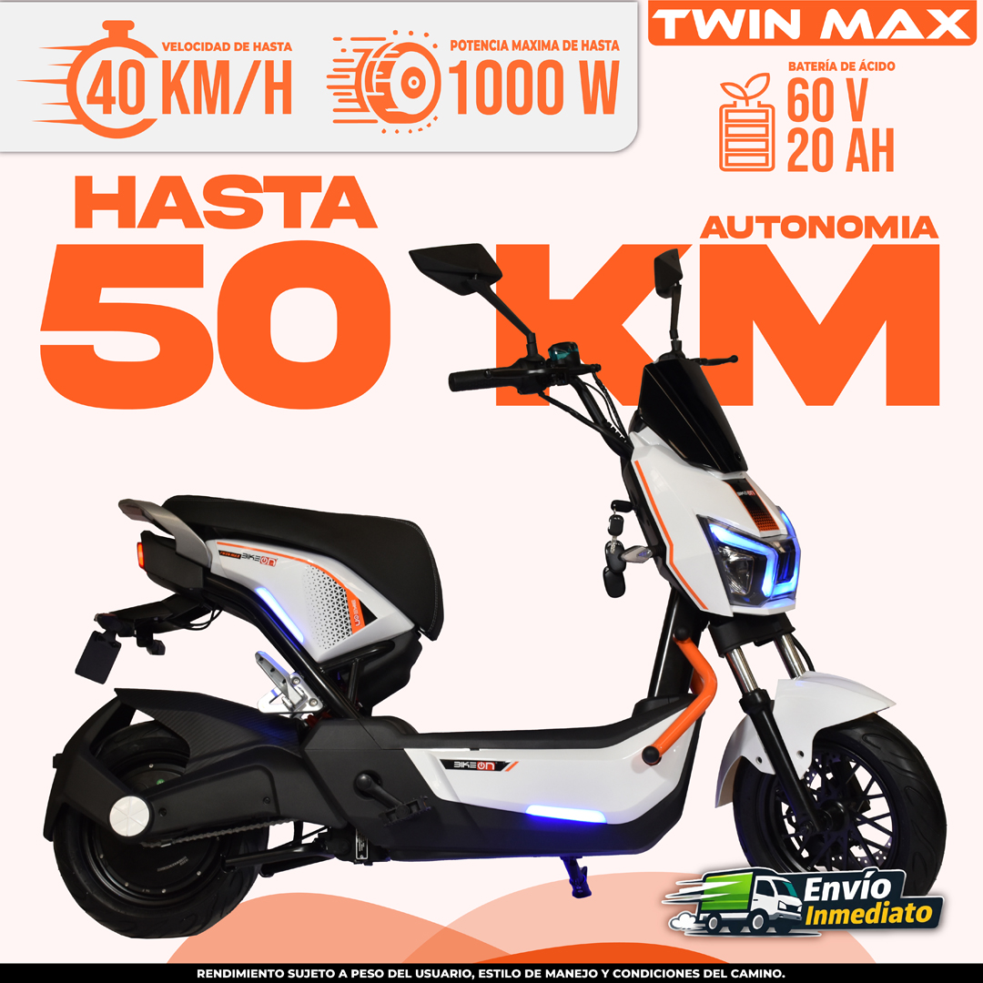 Bicimoto eléctrica Twin Max 50 km color blanco y naranja con batería 60V