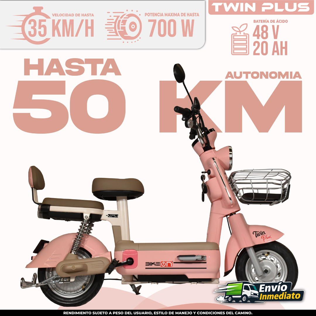 Bicimoto eléctrica Twin Plus rosa 48V 20AH con autonomía de 50km, velocidad 35km/h y potencia 700W