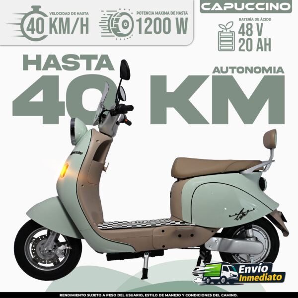 Scooter eléctrico Capuccino color verde con autonomía de 40 km y batería de 48V 20Ah
