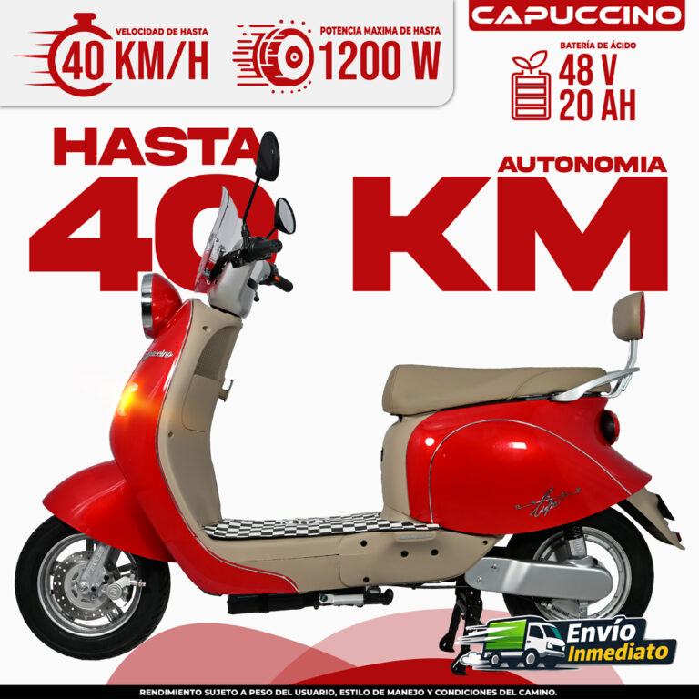 Capuccino scooter eléctrico rojo 48V 20Ah autonomía 40km velocidad máxima