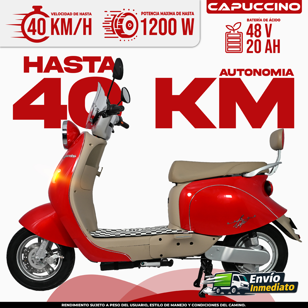Capuccino scooter eléctrico rojo 48V 20Ah autonomía 40km velocidad máxima