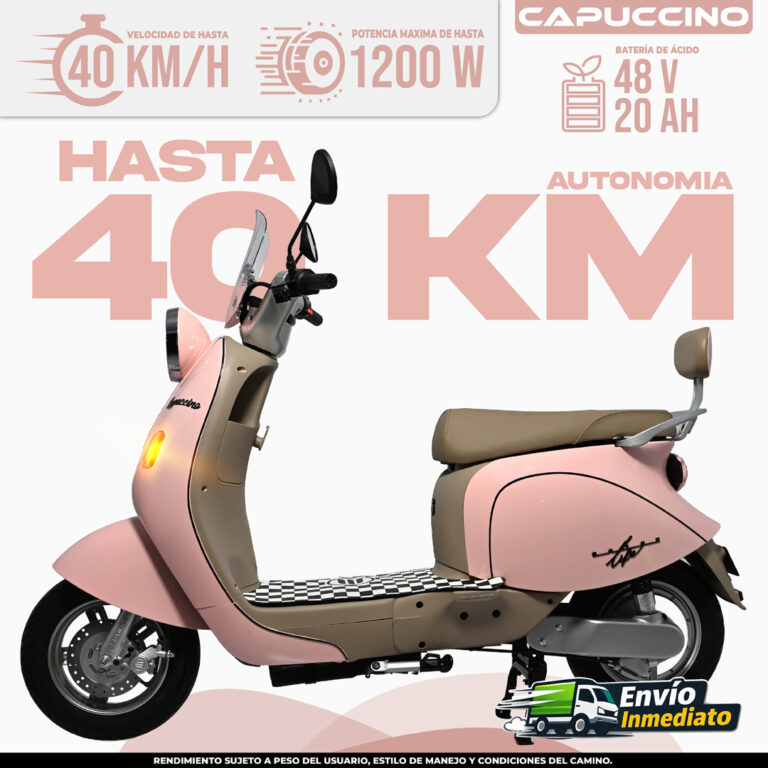 Capuccino scooter eléctrico rosa 40 km/h 1200W batería 48V 20Ah autonomía 40km