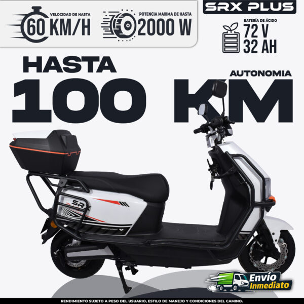 Moto eléctrica SRX Plus 72V blanca y negra con autonomía de 100 km y potencia máxima de 2000W