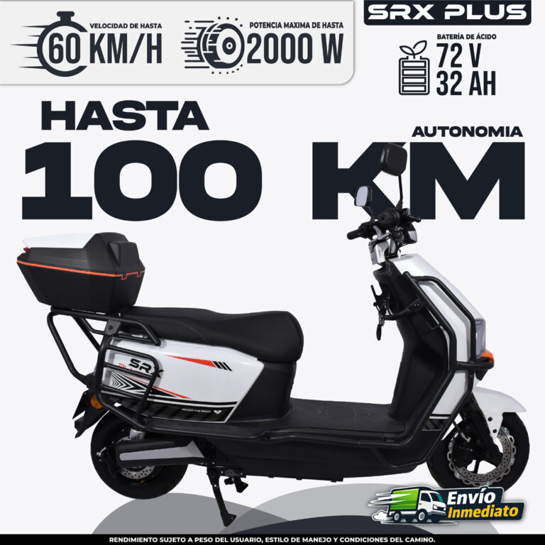 Moto eléctrica SRX Plus 72V blanca y negra con autonomía de 100 km y potencia máxima de 2000W