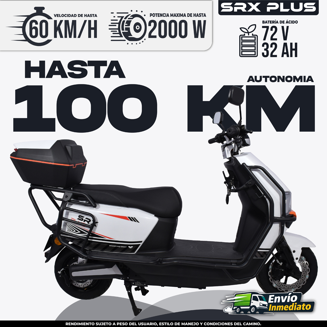 Moto eléctrica SRX Plus 72V blanca y negra con autonomía de 100 km y potencia máxima de 2000W