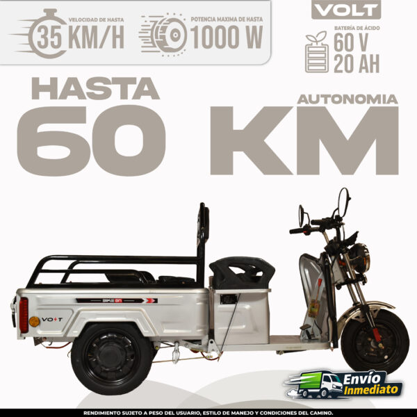 Motocarro Eléctrico de carga Volt BikeOn con batería 60V 20AH, autonomía 60km y potencia 1000W