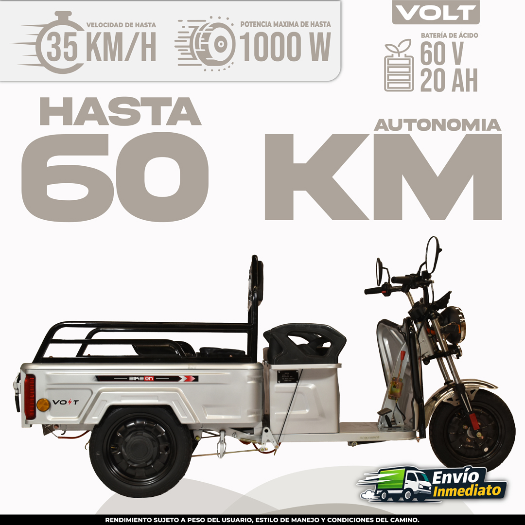 Motocarro Eléctrico de carga Volt BikeOn con batería 60V 20AH, autonomía 60km y potencia 1000W