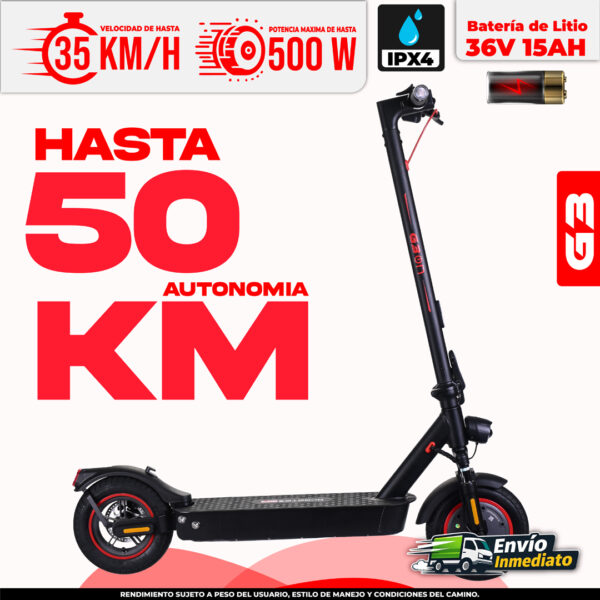Scooter eléctrico 50km autonomía, 500W potencia, batería litio 36V 15Ah IPX4