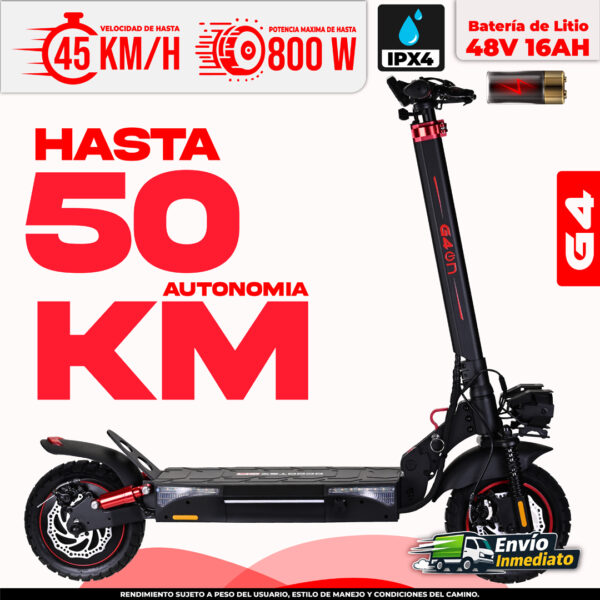 Scooter eléctrico G4 48V 16Ah, 50km autonomía, 800W potencia, IPX4 resistencia