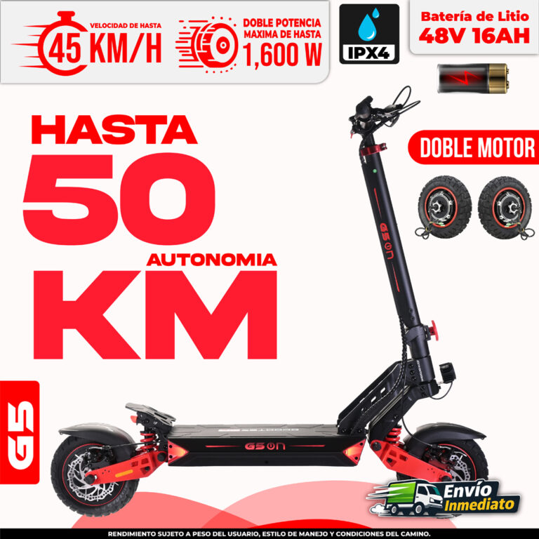 Scooter eléctrico G5 doble motor 1600W, 50km autonomía, batería 48V 16Ah IPX4