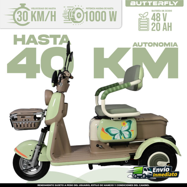 Trimoto Eléctrica Butterfly 40 km autonomía 1000W batería 48V carga verde