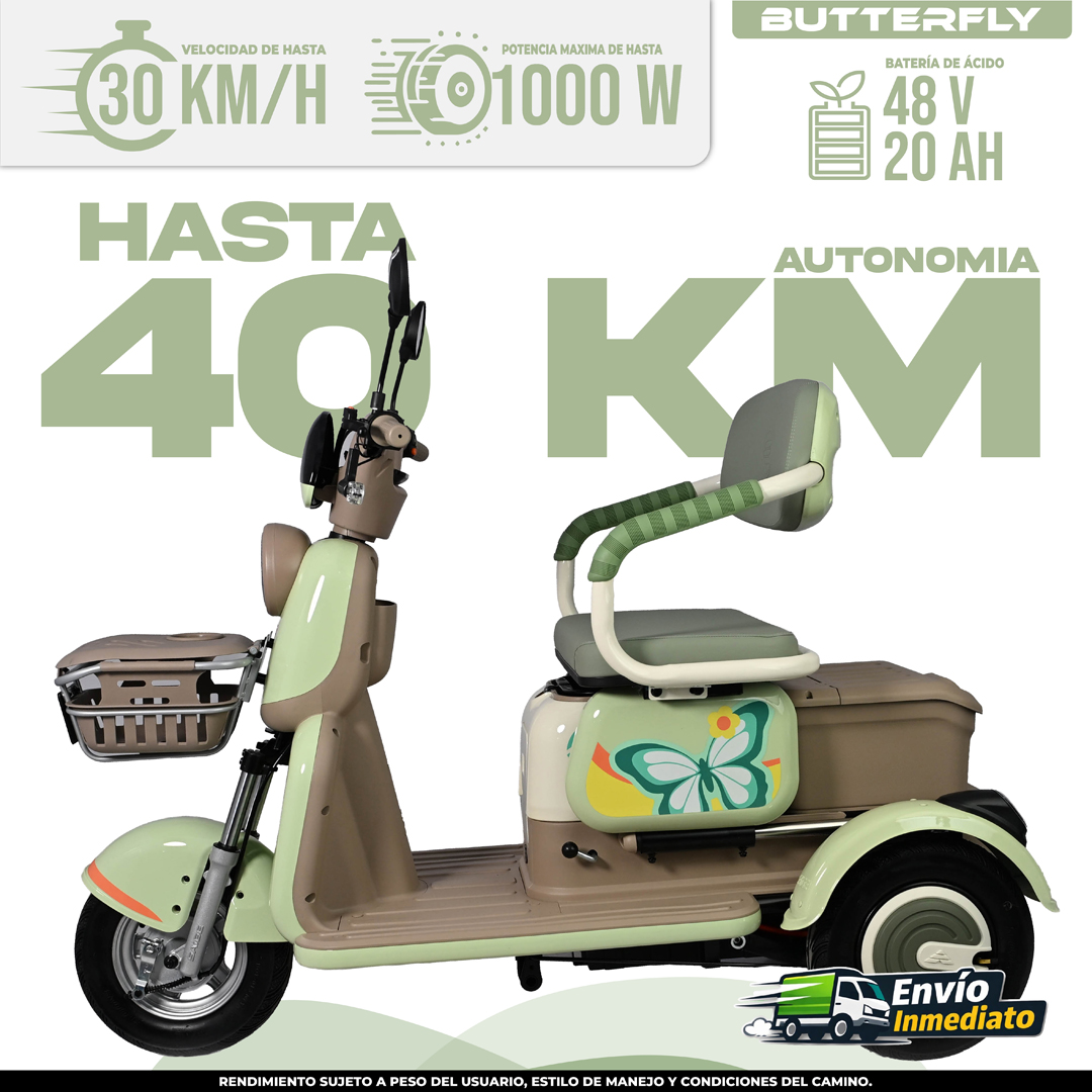 Trimoto Eléctrica Butterfly 40 km autonomía 1000W batería 48V carga verde