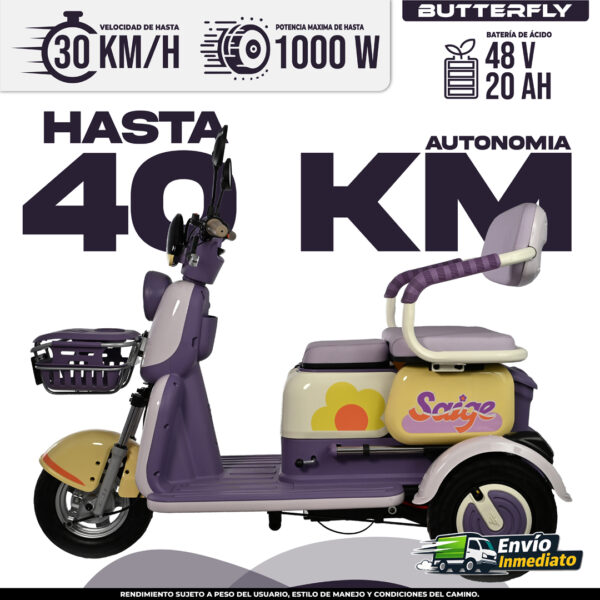 Trimoto eléctrico Butterfly 48V con autonomía de 40km, velocidad máxima 30km/h y potencia 1000W