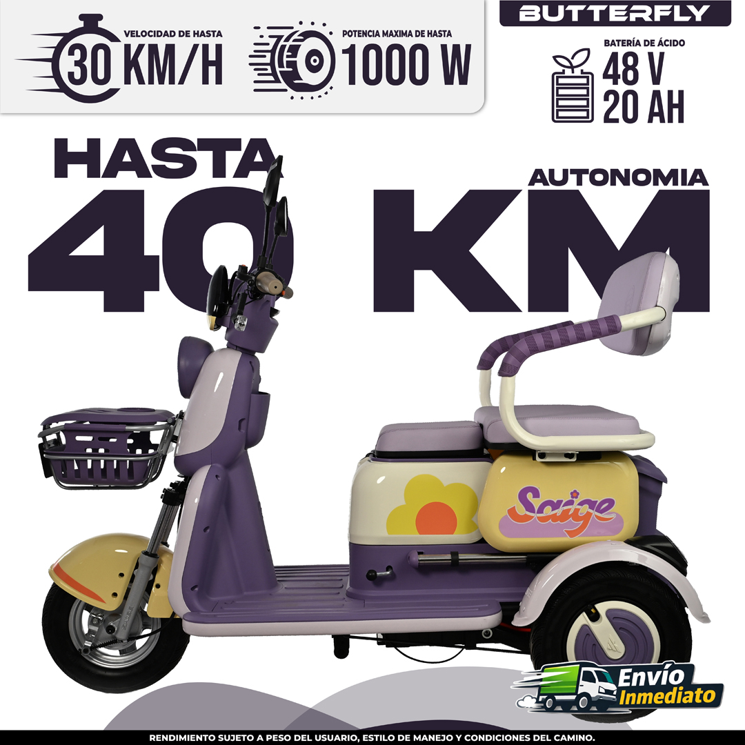 Trimoto eléctrico Butterfly 48V con autonomía de 40km, velocidad máxima 30km/h y potencia 1000W