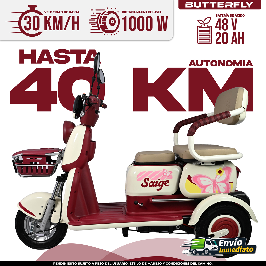 Trimoto eléctrico Butterfly Saige rojo con autonomía de 40 km y batería 48V 20AH