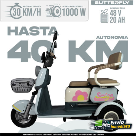 Trimoto Eléctrica Butterfly 48V 20Ah color blanco con asientos cómodos y canasta