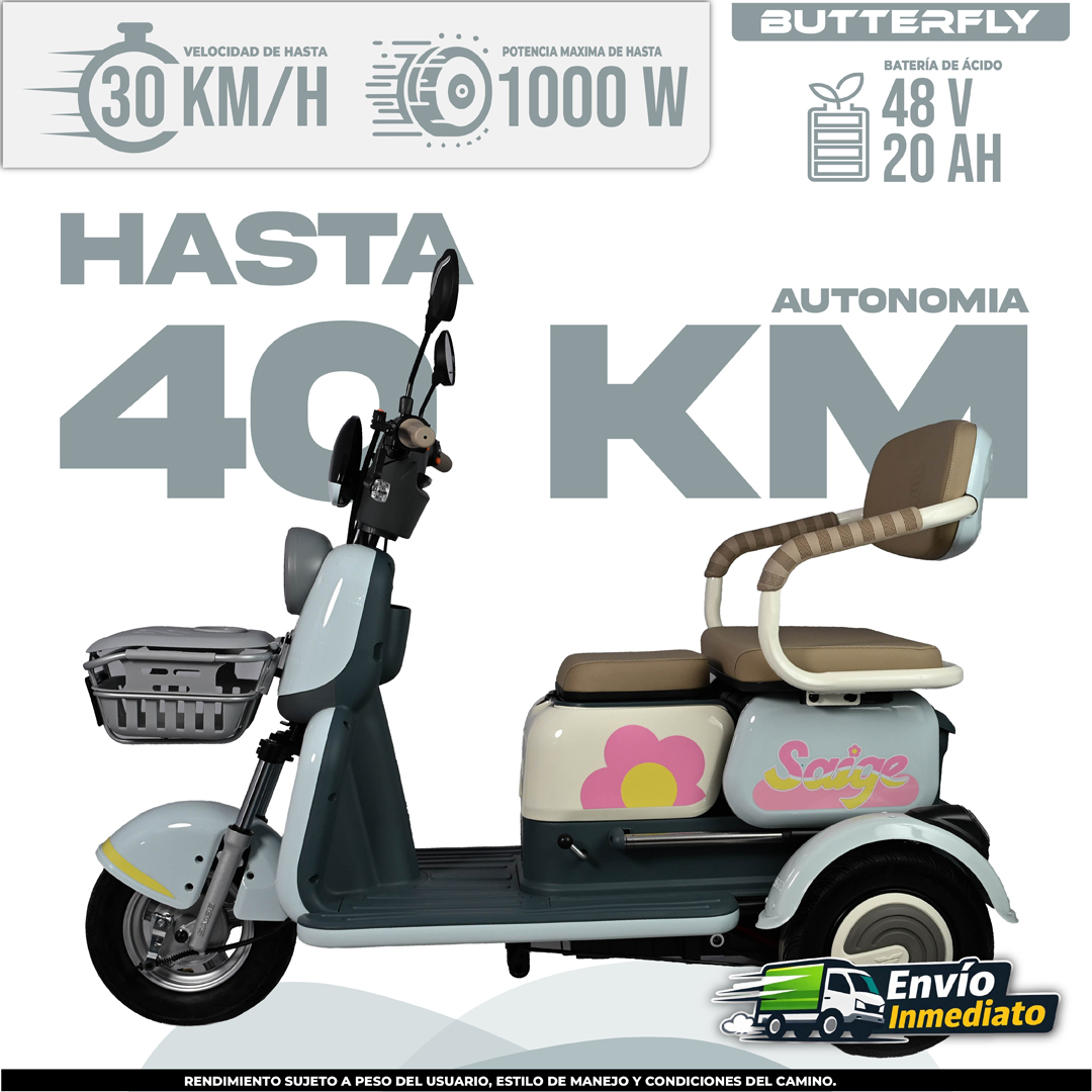 Trimoto Eléctrica Butterfly 48V 20Ah color blanco con asientos cómodos y canasta