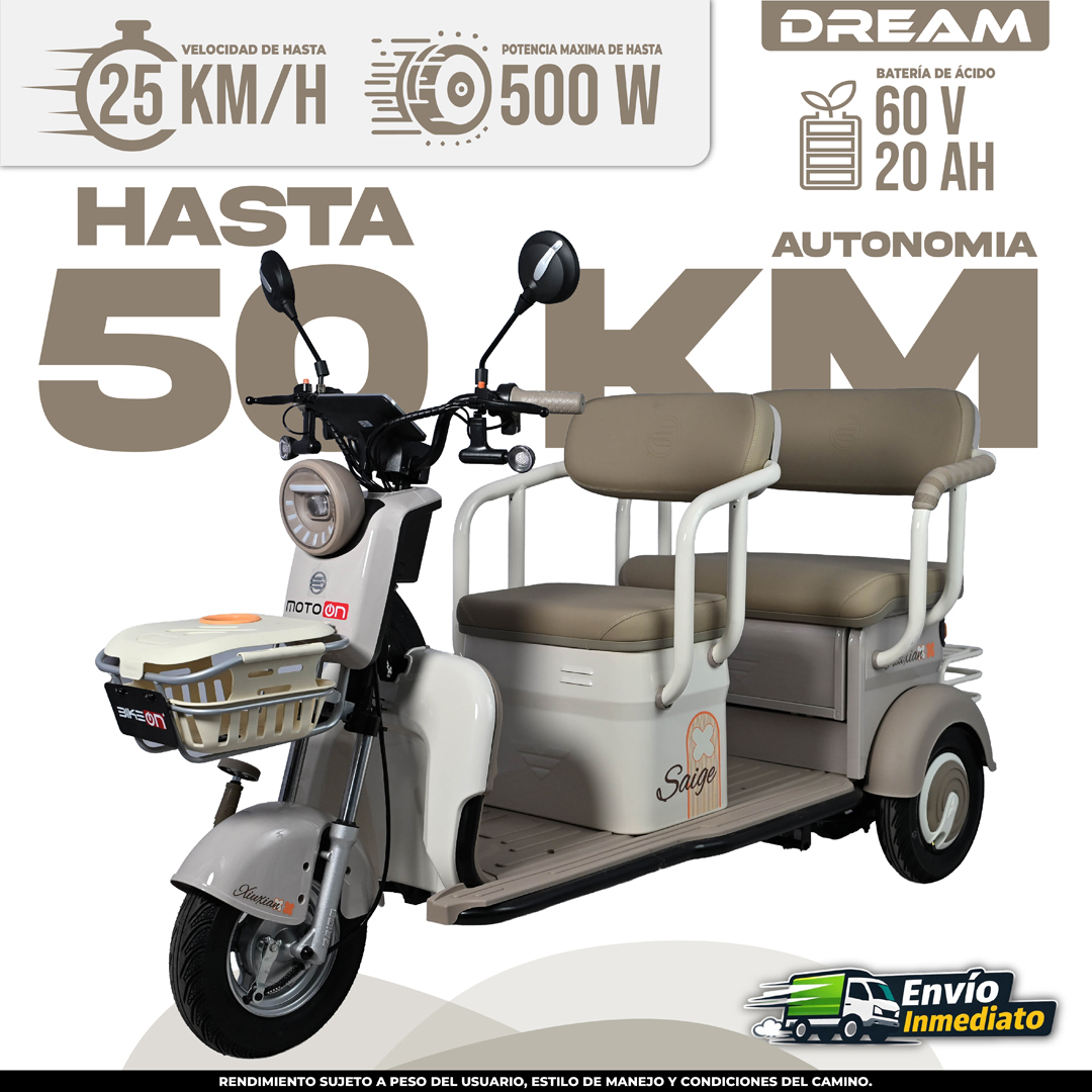 Trimoto eléctrico Dream Saige 50km autonomía 500W batería 60V carga familiar