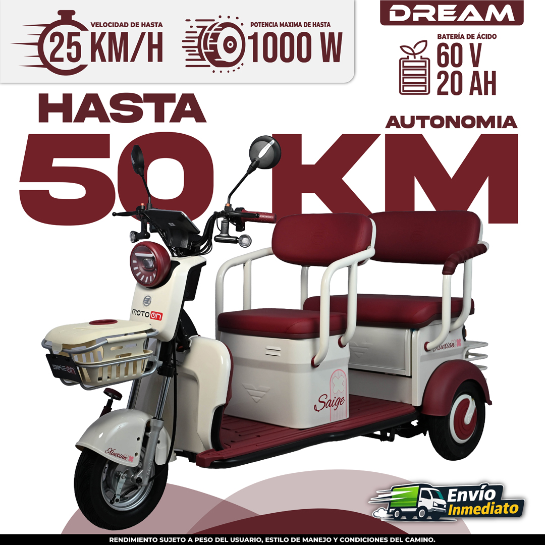 Trimoto eléctrico Dream 50km autonomía batería 60V 20AH motor 1000W