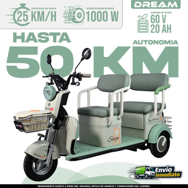 Trimoto Eléctrica DREAM Saige 50 km autonomía, 1000W potencia, batería 60V 20Ah