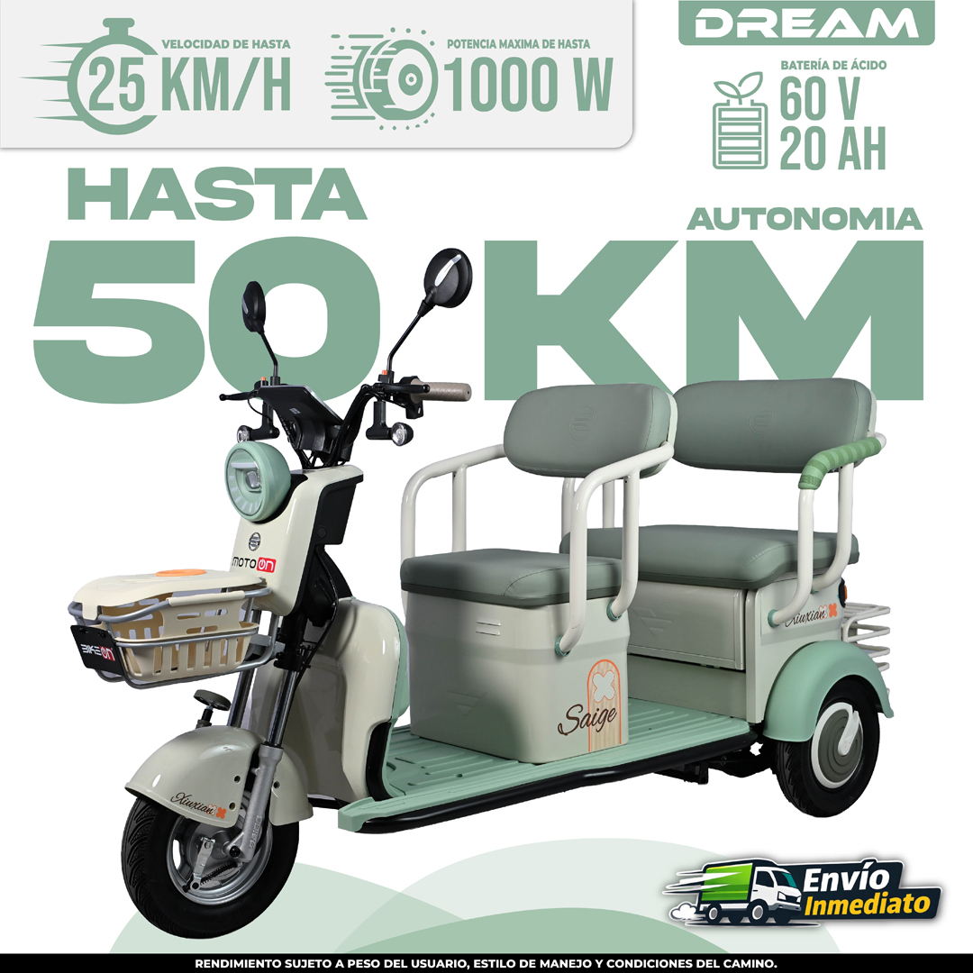 Trimoto Eléctrica DREAM Saige 50 km autonomía, 1000W potencia, batería 60V 20Ah