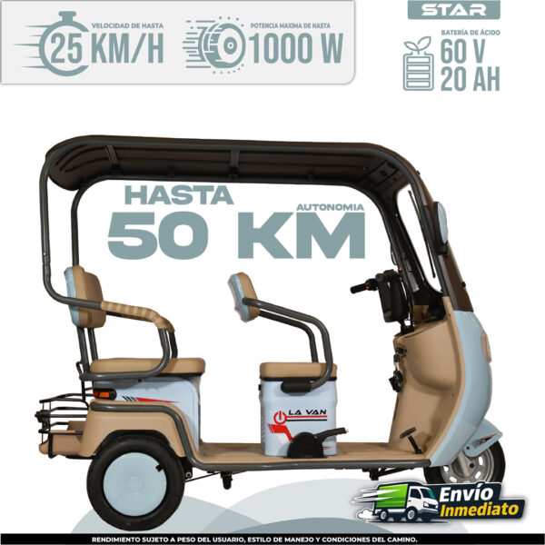 Trimoto Eléctrica Star 60V 20AH hasta 50km autonomía, 1000W potencia, 25km/h velocidad