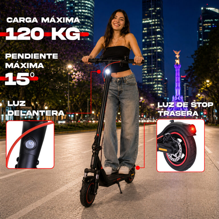 Scooter eléctrico con carga máxima 120 kg, pendiente 15°, luces LED delantera y trasera