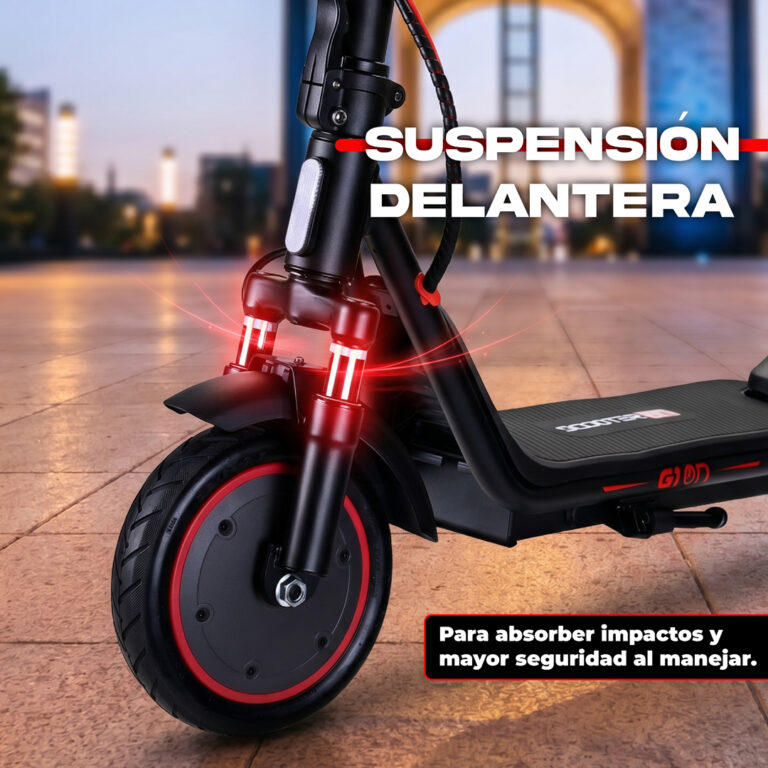 Scooter eléctrico con suspensión delantera roja y negra en plaza urbana