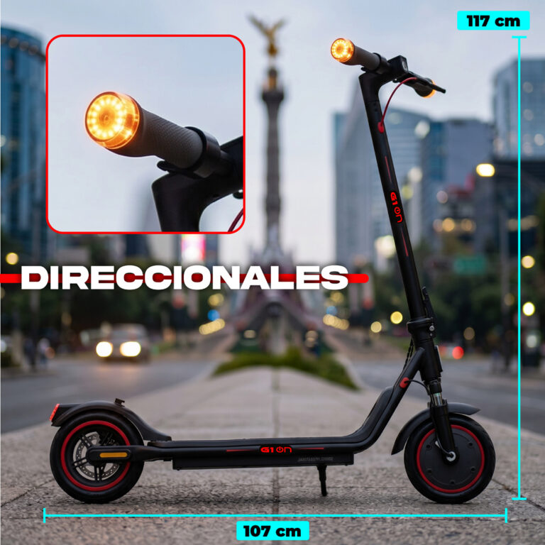 Scooter eléctrico BikeOn con luces direccionales LED, 117 cm altura, ideal para movilidad urbana