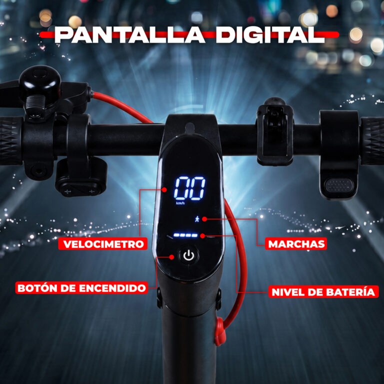 Pantalla digital patinete eléctrico con velocímetro, nivel de batería y controles intuitivos