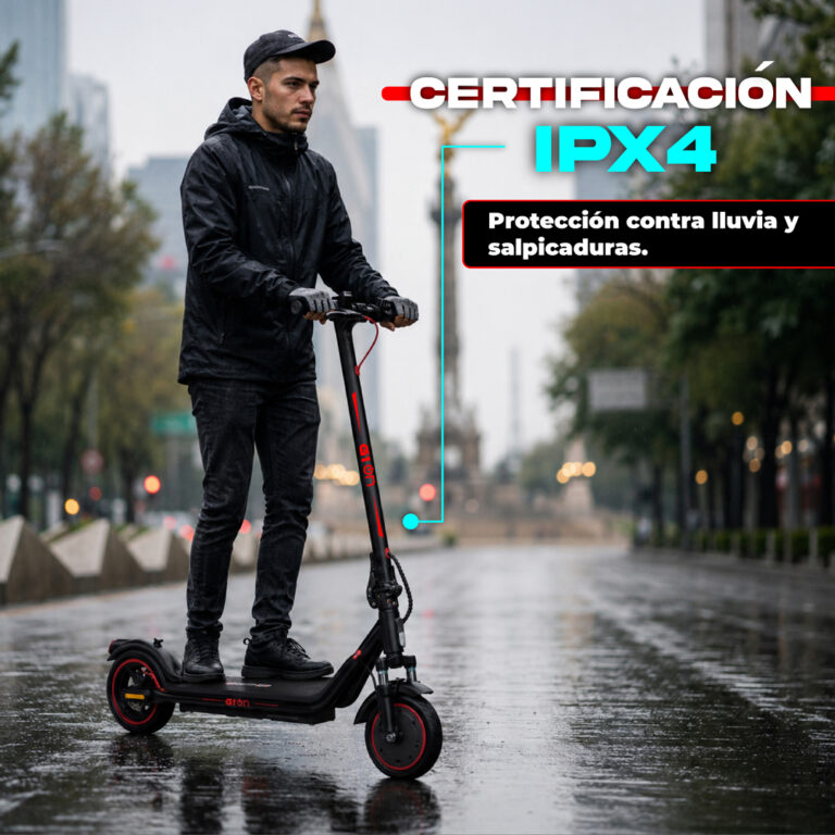 Scooter eléctrico con certificación IPX4, protección contra lluvia y salpicaduras, ideal para transporte urbano