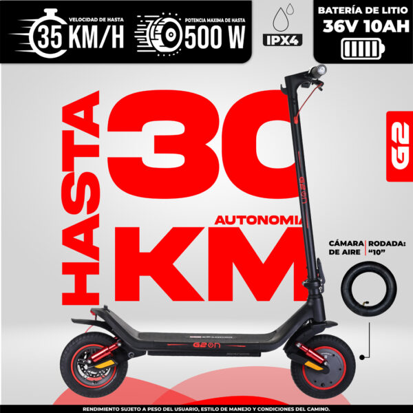 Scooter eléctrico G2 con batería 36V 10Ah, velocidad máxima 35 km/h, potencia 500W, IPX4 resistente al agua