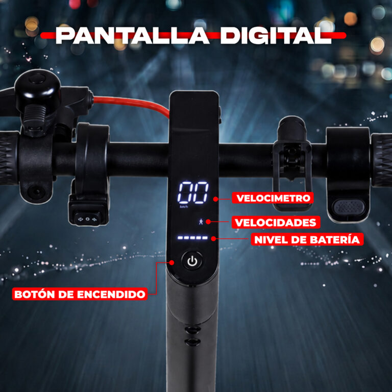 Patinete eléctrico con pantalla digital, velocímetro y medidor de batería para ciudad