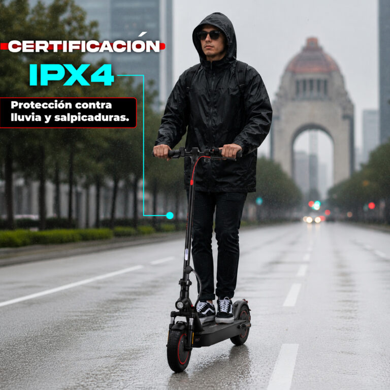 Scooter eléctrico con certificación IPX4 protección lluvia y salpicaduras