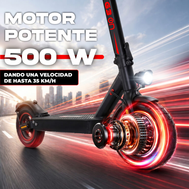 Scooter eléctrico con motor potente 500W, velocidad 35 km/h, ruedas LED rojo, diseño premium