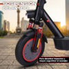 Scooter eléctrico con suspensión delantera roja y negra en ciudad