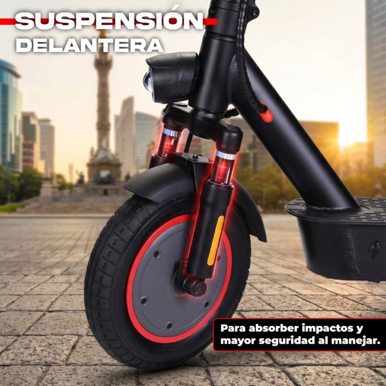 Scooter eléctrico con suspensión delantera roja y negra en ciudad