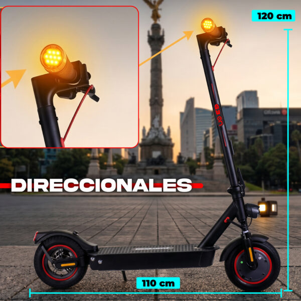 Scooter Eléctrico con Direccionales LED - BikeOn Mexico Scooter eléctrico con luz direccional LED 120cm altura, 110cm base, seguridad vial