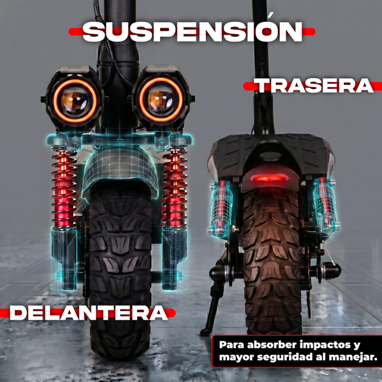 Moto eléctrica con suspensión delantera y trasera para absorber impactos