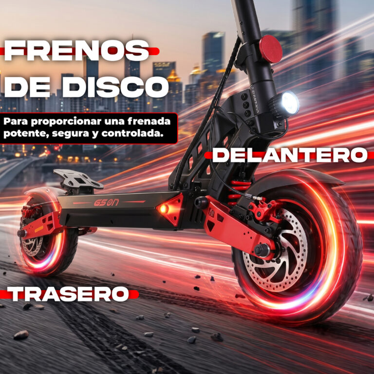 Scooter eléctrico rojo con frenos de disco, delantero y trasero, iluminación LED
