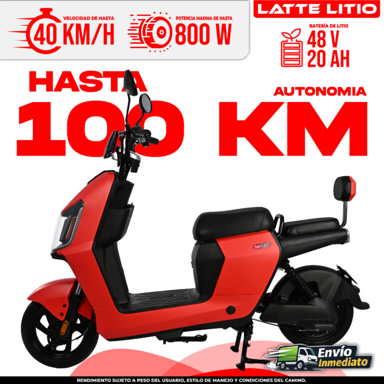 Moto eléctrica Latte Litio 48V roja con autonomía de 100 km y velocidad máxima de 40 km/h